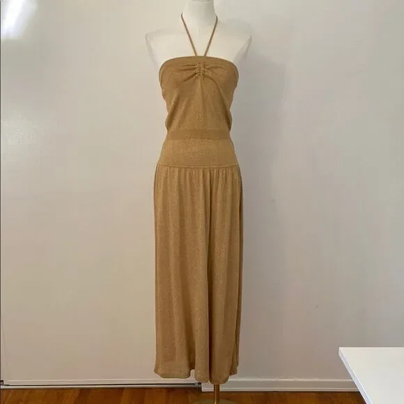 BCBG Gold Metallic Sweater Knit Halter Midi Dress Size Large - Picture 2 of 13
